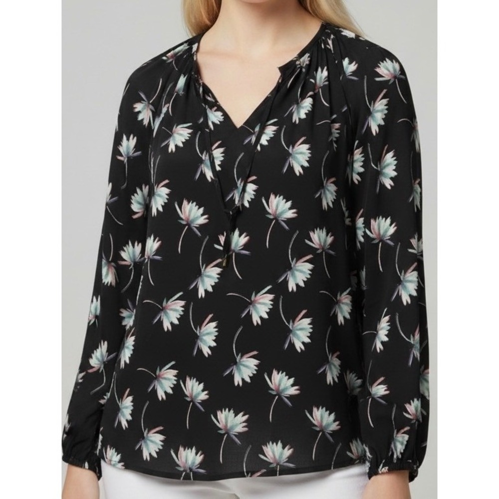 Jaclyn Smith Collection Black Floral V-Neck Tie Peasant Blouse Top Womens XL